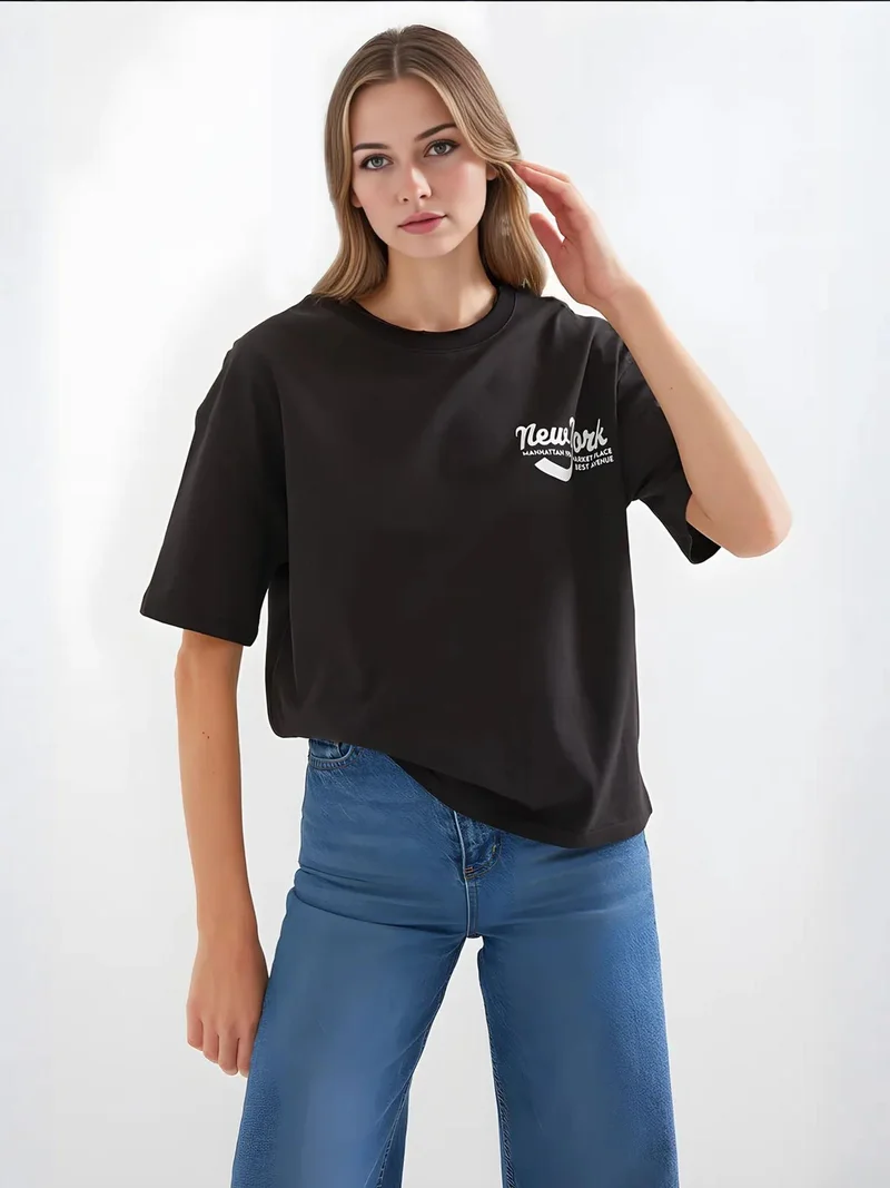 Big Dart Black BDART Printed Crew Neck Loose Fit T-Shirt for Women | Best Price UAE