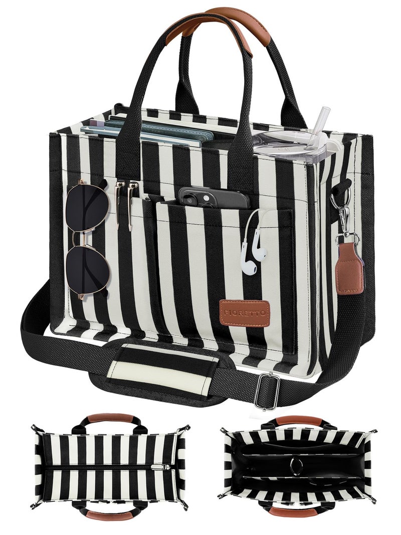 FIORETTO Canvas Tote Bag for Women with Zipper Closure & Individual Compartments for Work College for Teacher & Nurse Stripes Black M - Image 1