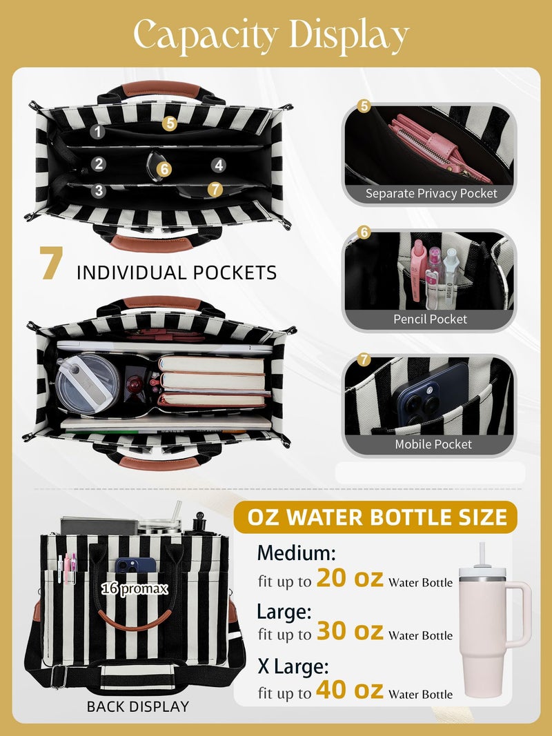 FIORETTO Canvas Tote Bag for Women with Zipper Closure & Individual Compartments for Work College for Teacher & Nurse Stripes Black M - Image 5