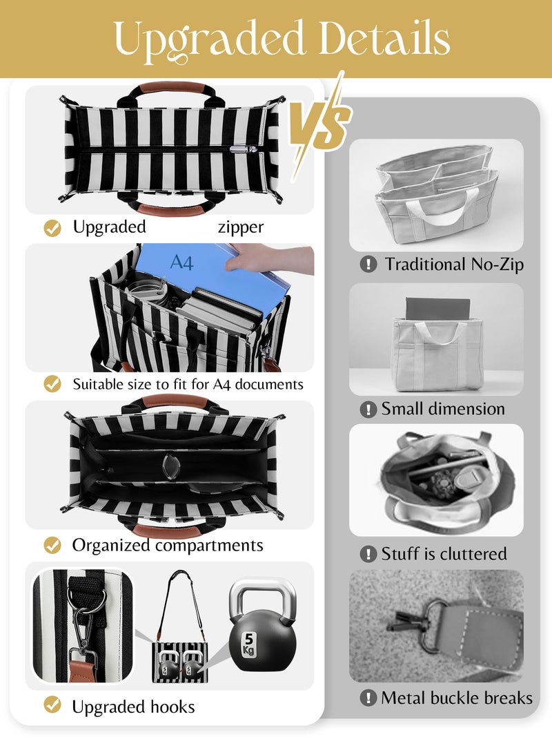 FIORETTO Canvas Tote Bag for Women with Zipper Closure & Individual Compartments for Work College for Teacher & Nurse Stripes Black M - Image 2
