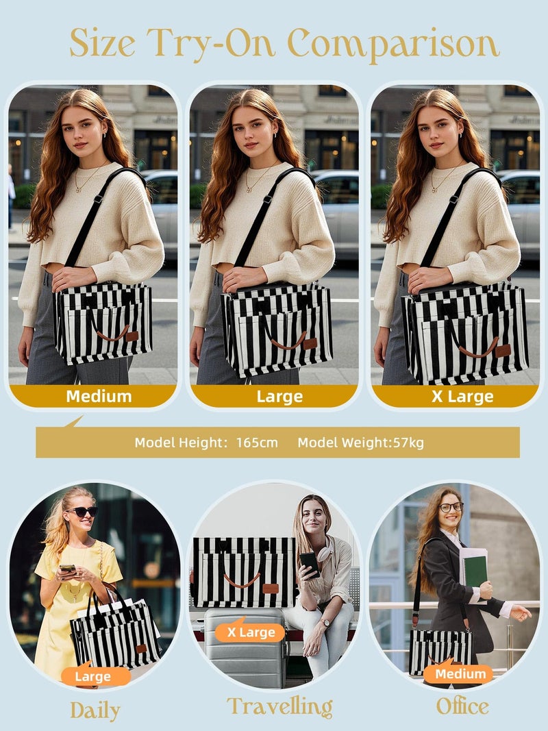 FIORETTO Canvas Tote Bag for Women with Zipper Closure & Individual Compartments for Work College for Teacher & Nurse Stripes Black M - Image 4