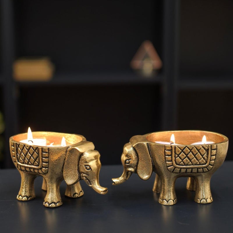BEHOMA Aluminium Elephant for Good Luck | Statue for Tabletop Living Room Office | Candle Holder Gift Showpiece for Valentine's Day, Birthday (Candles/Plants Etc Not Included, Set of 2, Golden) - Image 1