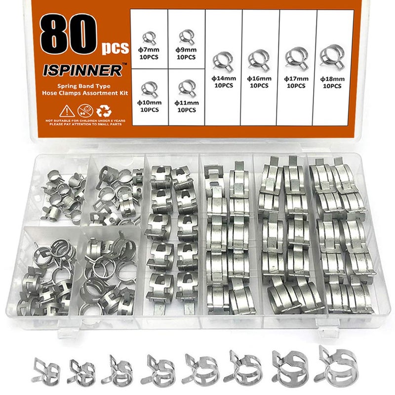 ISPINNER 80pcs Spring Band Type FuelSilicone Vacuum Hose Pipe Clamp 7mm18mm Low Pressure Air Clip Clamp 7mm 9mm 10mm 11mm 14mm 16mm 17mm 18mm Silver