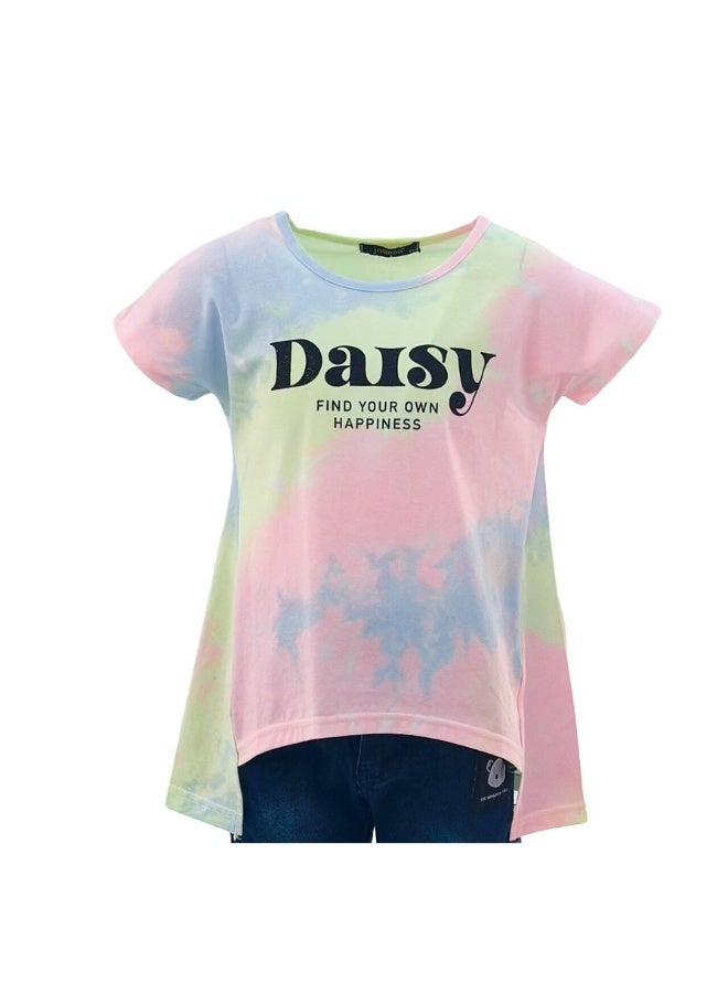 JOANNA JOANNA 23KY362B Girl's Long Back With Daisy Find Your Happiness Print Round Neck Short Sleeve T-Shirt - Blue/Yellow/Pink  - Image 1