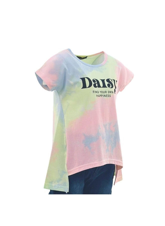JOANNA JOANNA 23KY362B Girl's Long Back With Daisy Find Your Happiness Print Round Neck Short Sleeve T-Shirt - Blue/Yellow/Pink  - Image 2