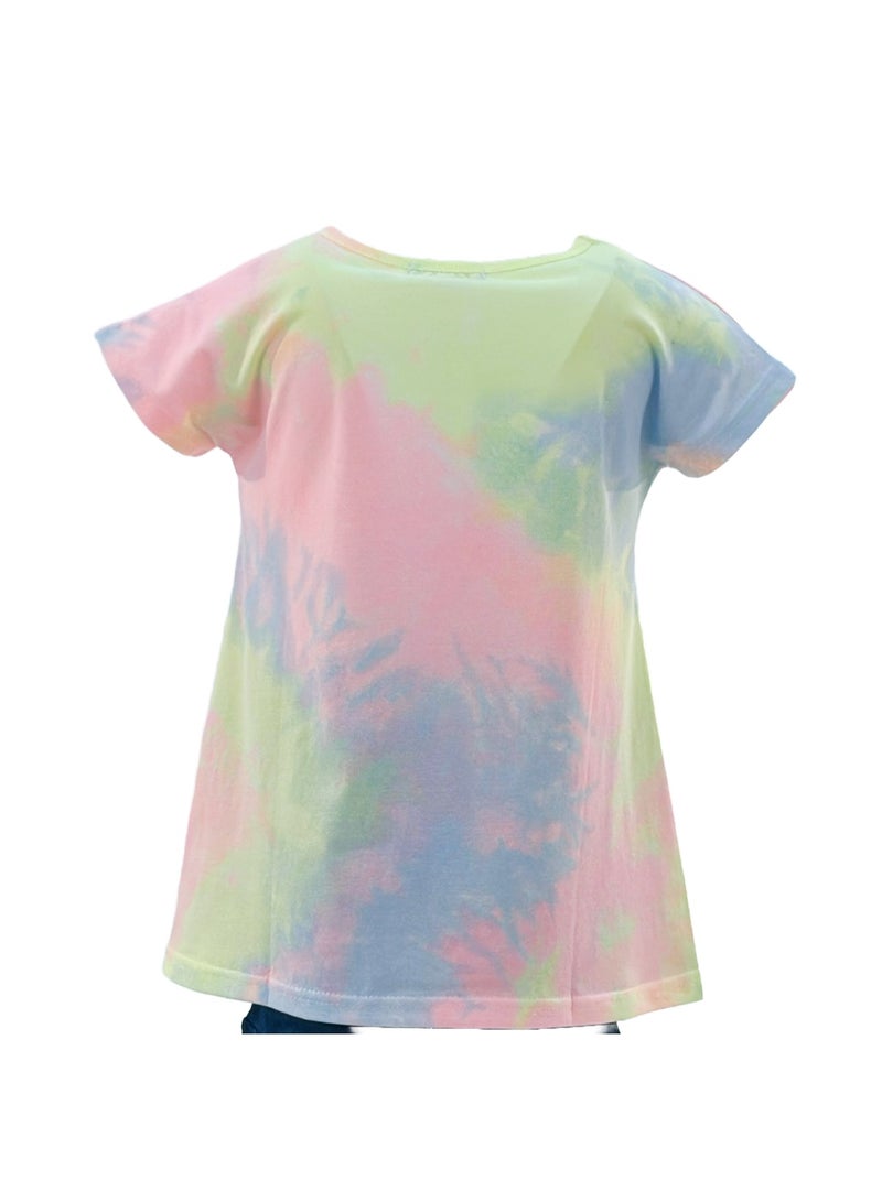 جوانا تي شيرت فتيات برقبة دائرية وأكمام قصيرة بطبعة "اعثري على سعادتك" مع ظهر طويل وزهور الأقحوان - أزرق/أصفر/وردي - Image 5