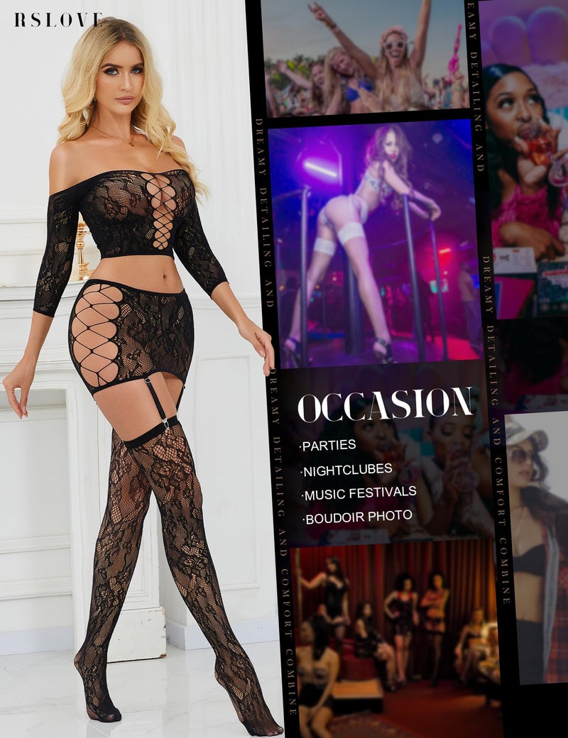 RSLOVE Womenâ€™s Mesh Bodysuit Lingerie Set Fishnet Style Mini Skirt Outfit Nightwear Black - Image 5