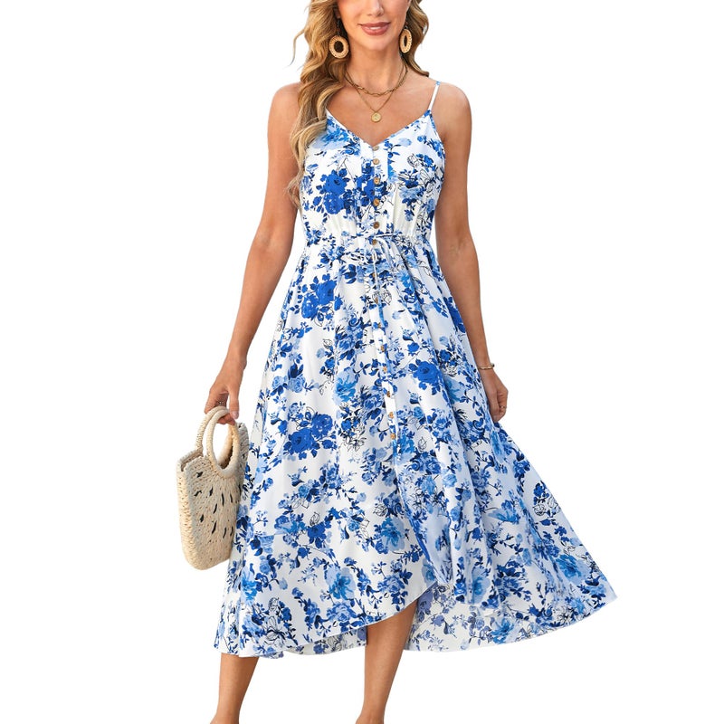 BROVAVE Women's 2026 Summer Casual Boho Sundress Polka Dot Spaghetti Strap V Neck Flowy Midi Dresses(008 White Blue Rose, X-Large) - Image 1