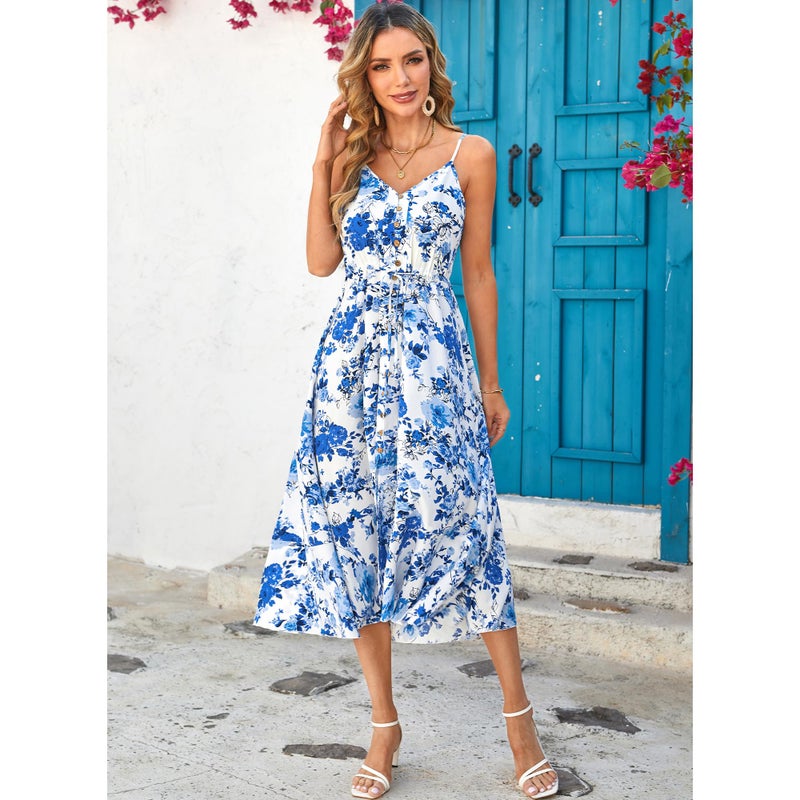 BROVAVE Women's 2026 Summer Casual Boho Sundress Polka Dot Spaghetti Strap V Neck Flowy Midi Dresses(008 White Blue Rose, X-Large) - Image 2