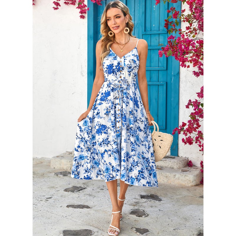 BROVAVE Women's 2026 Summer Casual Boho Sundress Polka Dot Spaghetti Strap V Neck Flowy Midi Dresses(008 White Blue Rose, X-Large) - Image 4