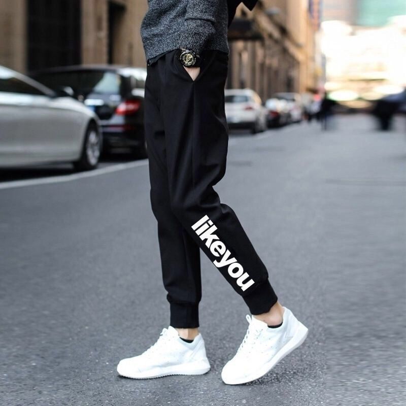 Factory wholesale Korean style trendy slim fit couple sports pants ankle-tied loose all-match casual pants for primary and secondary school students Men Under white letter B 