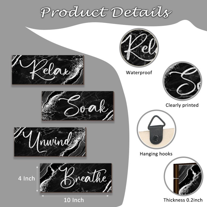 ONIZHITY 4 Pcs Black And Silver Bathroom Decor Wall Signs Relax Soak Unwind Breathe Wooden Rustic Marble Style Bathroom Accessories for Bedroom Living Room Kitchen Decoration(Black Silver 10X4") - Image 2