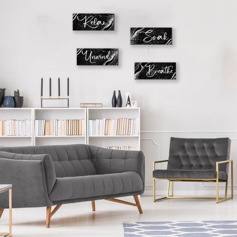 ONIZHITY 4 Pcs Black And Silver Bathroom Decor Wall Signs Relax Soak Unwind Breathe Wooden Rustic Marble Style Bathroom Accessories for Bedroom Living Room Kitchen Decoration(Black Silver 10X4") - Image 4