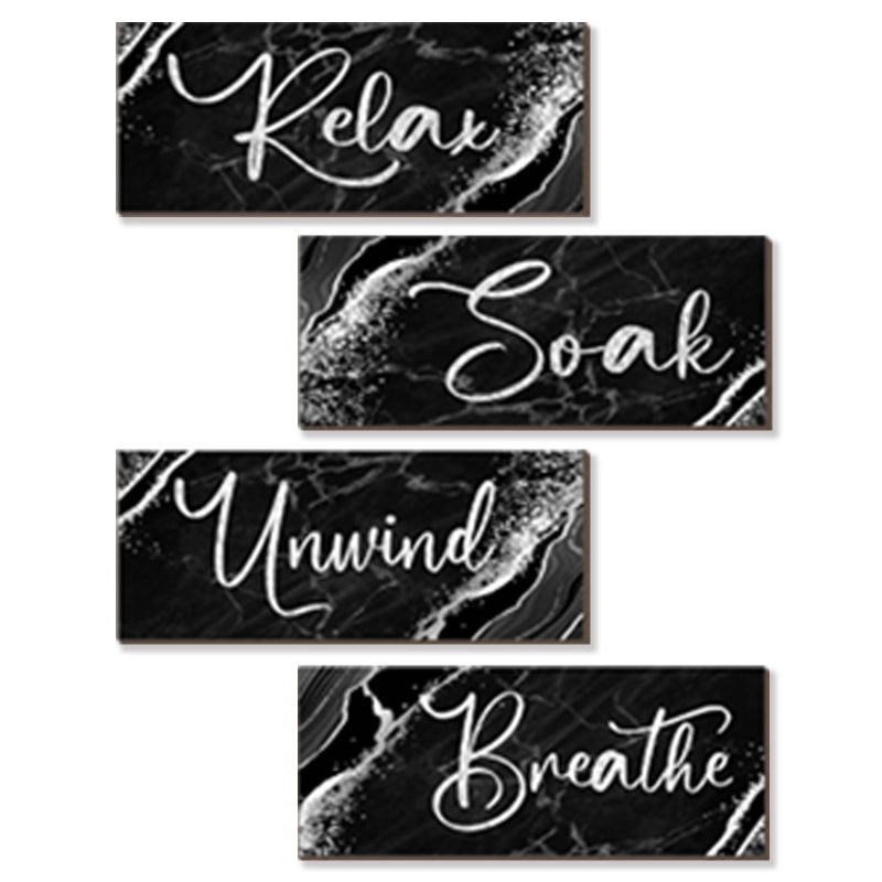 ONIZHITY 4 Pcs Black And Silver Bathroom Decor Wall Signs Relax Soak Unwind Breathe Wooden Rustic Marble Style Bathroom Accessories for Bedroom Living Room Kitchen Decoration(Black Silver 10X4") - Image 1