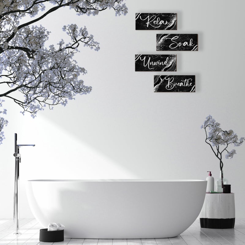 ONIZHITY 4 Pcs Black And Silver Bathroom Decor Wall Signs Relax Soak Unwind Breathe Wooden Rustic Marble Style Bathroom Accessories for Bedroom Living Room Kitchen Decoration(Black Silver 10X4") - Image 5