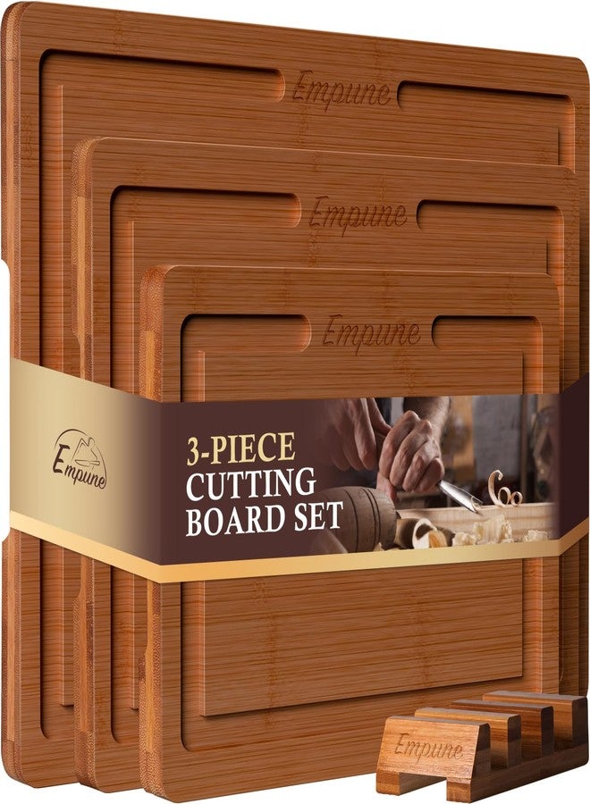 Empune Bamboo Cutting Board Set, Wood Cutting Boards for Kitchen with Holder Wooden Chopping Board for Meal Prep & Serving, Brown - Image 1