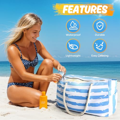 SRISE Extra Large Beach Bag for Women & Men,Beach Bags Waterproof Sandproof with Zipper, Travel Tote Bag with Multi-Pocket Design, Durable Swim Pool Bag for Family Travel Outdoor Vacation Essentials - Image 5