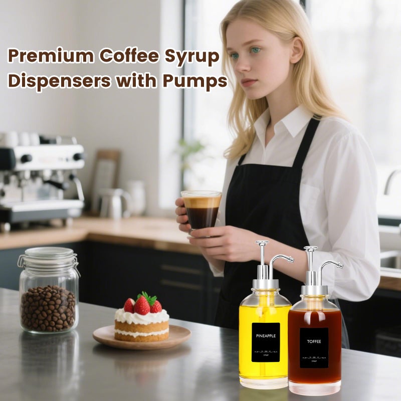 AuroTrends â€‹16.9oz Coffee Syrup Dispenser 4Pack- Glass Syrup Dispenser Kit for Coffee Bar Accessories for Home Coffee Bar/Premium Labeled Barista Kit, Matte Black - Image 4