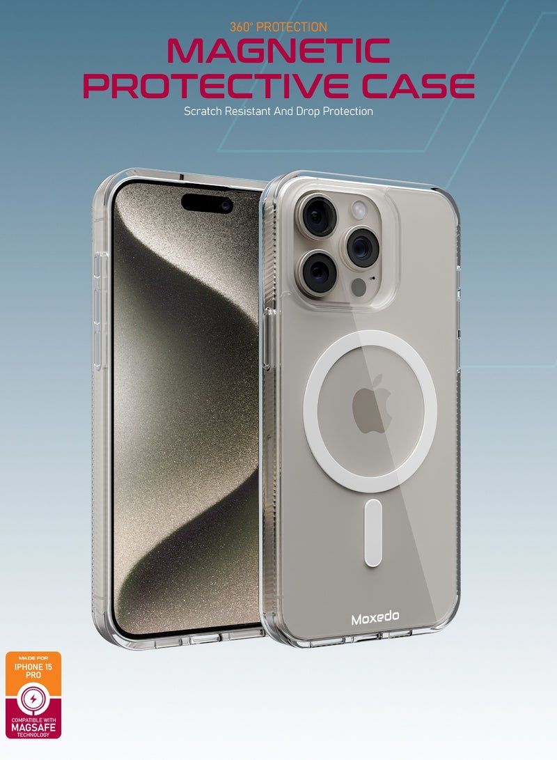 Moxedo Magnetic Protective Case 360 Protection Clear Case Hard PC with Built-in Strong Magnets Compatible with Magnetic Safe Designed for iPhone 15 Pro 6.1 inch (White)