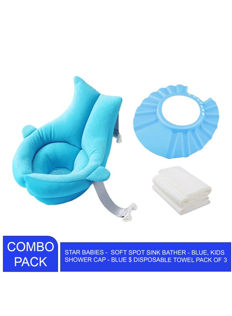 STAR BABiES Combo Pack Pack Kids Shower Cap Disposable Towel 3Pcs Sink Bather Blue  - Image 1