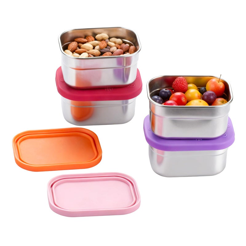 YJSLICT 4 Pack Stainless Steel Snack Containers with Lids Set, 8 oz Rectangular Easy Open Leakproof Reusable Snack Box Container for Lunch, Small Lunch Food Containers for Oat,Crackers,Nuts,Candy - Image 1