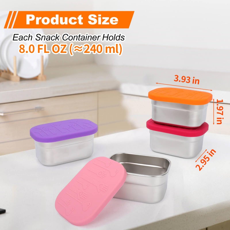 YJSLICT 4 Pack Stainless Steel Snack Containers with Lids Set, 8 oz Rectangular Easy Open Leakproof Reusable Snack Box Container for Lunch, Small Lunch Food Containers for Oat,Crackers,Nuts,Candy - Image 2