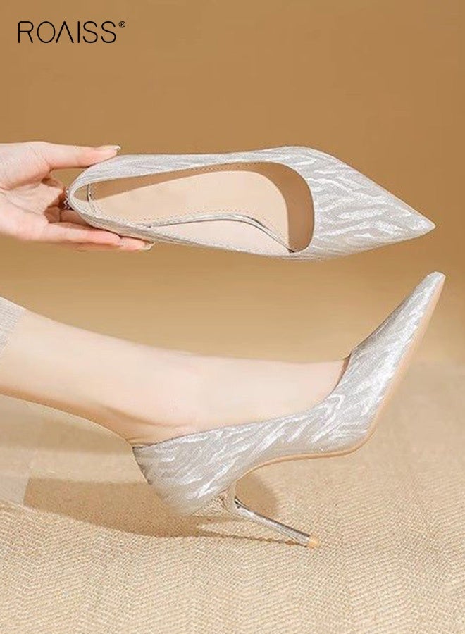 roaiss Pointed Shiny Wedding Shoes for Women Sparkling High Heels Evening Dress Pointed Toe High Heels Ladies Temperament Light Color All-Match Fairy Bride Bridesmaid Stilettos Silver - Image 4