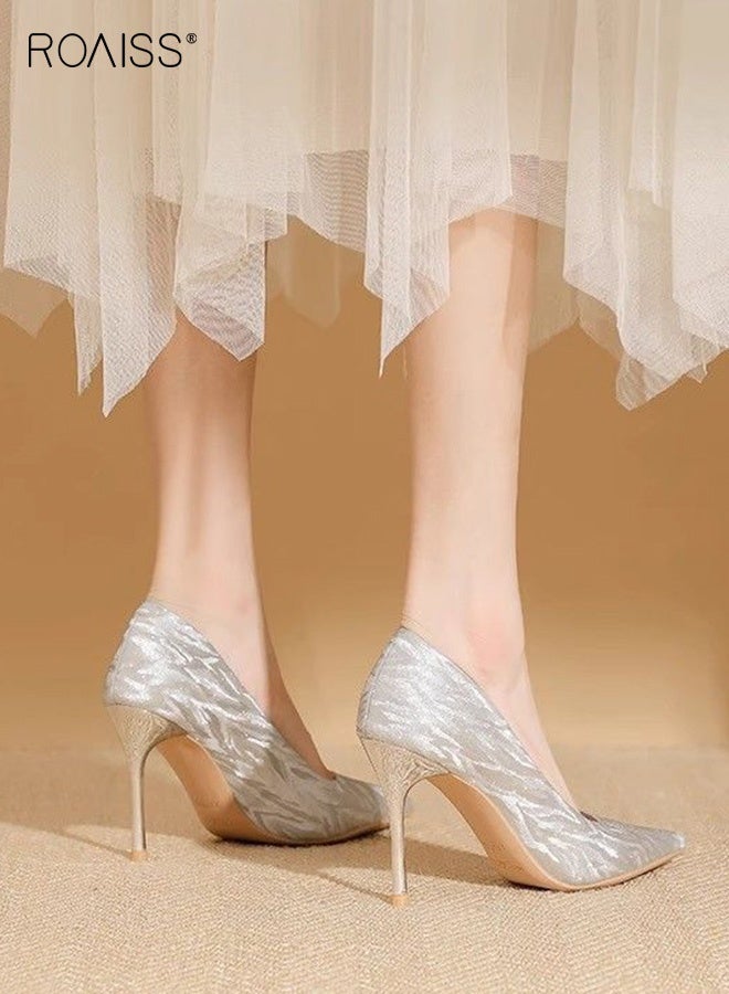 roaiss Pointed Shiny Wedding Shoes for Women Sparkling High Heels Evening Dress Pointed Toe High Heels Ladies Temperament Light Color All-Match Fairy Bride Bridesmaid Stilettos Silver - Image 2
