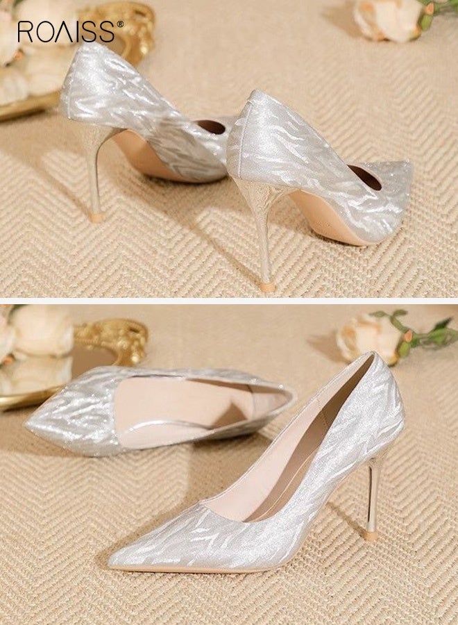 roaiss Pointed Shiny Wedding Shoes for Women Sparkling High Heels Evening Dress Pointed Toe High Heels Ladies Temperament Light Color All-Match Fairy Bride Bridesmaid Stilettos Silver - Image 5