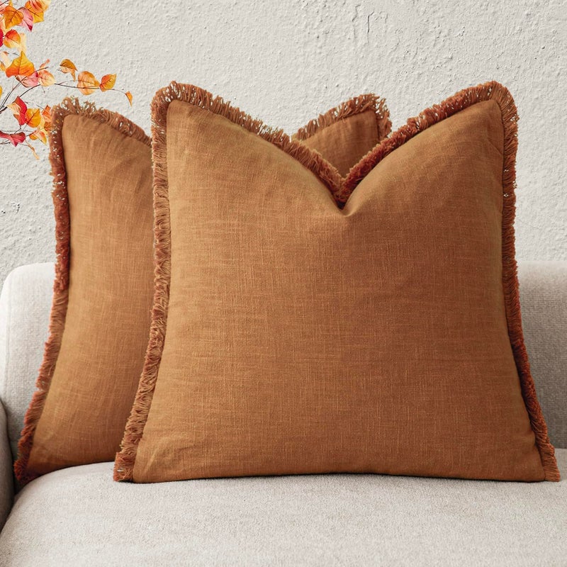 Foindtower Set of 2 Decorative Linen Fringe Lumbar Throw Pillow Covers Boho Farmhouse Cushion Cover with Tassels Soft Accent Pillowcase for Couch Sofa Bed Living Room Home Decor1220 InchOrange - Image 2
