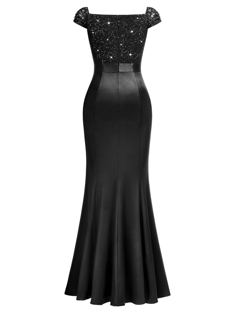 Miusol Women's Vintage V-Neck Slim Style Ruffle Split Evening Formal Maxi Dress (Small, Black) - Image 4