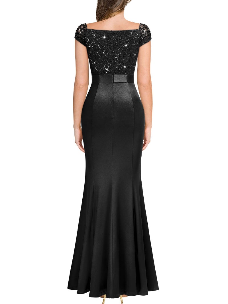 Miusol Women's Vintage V-Neck Slim Style Ruffle Split Evening Formal Maxi Dress (Small, Black) - Image 2