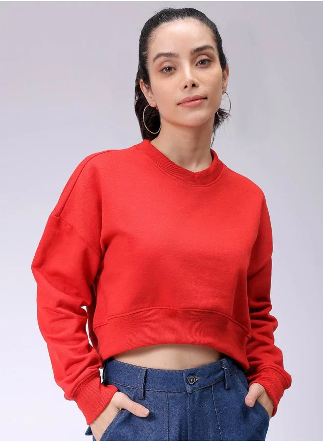 مرفوعة Women Loose Fit Solid Cropped Sweatshirt