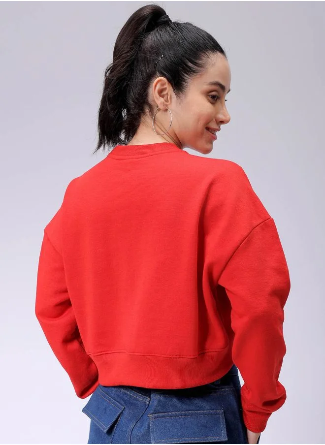 مرفوعة Women Loose Fit Solid Cropped Sweatshirt