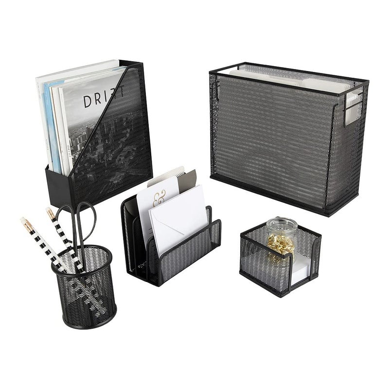 BLU MONACO 5 Piece Black Office Supplies Desk Organizer Set Desktop Hanging File Organizer Desk Organizers and Storage Desk accessories Workspace organizers