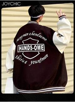 Joychic Classic Trendy Spring and Autumn Warm Cotton Coat Men Button Varsity College Baseball Jacket Casual Embroidered Streetwear Coat Coffee  - Image 2