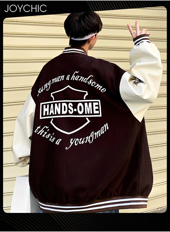 Joychic Classic Trendy Spring and Autumn Warm Cotton Coat Men Button Varsity College Baseball Jacket Casual Embroidered Streetwear Coat Coffee  - Image 2