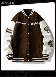 Joychic Classic Trendy Spring and Autumn Warm Cotton Coat Men Button Varsity College Baseball Jacket Casual Embroidered Streetwear Coat Coffee  - Image 3
