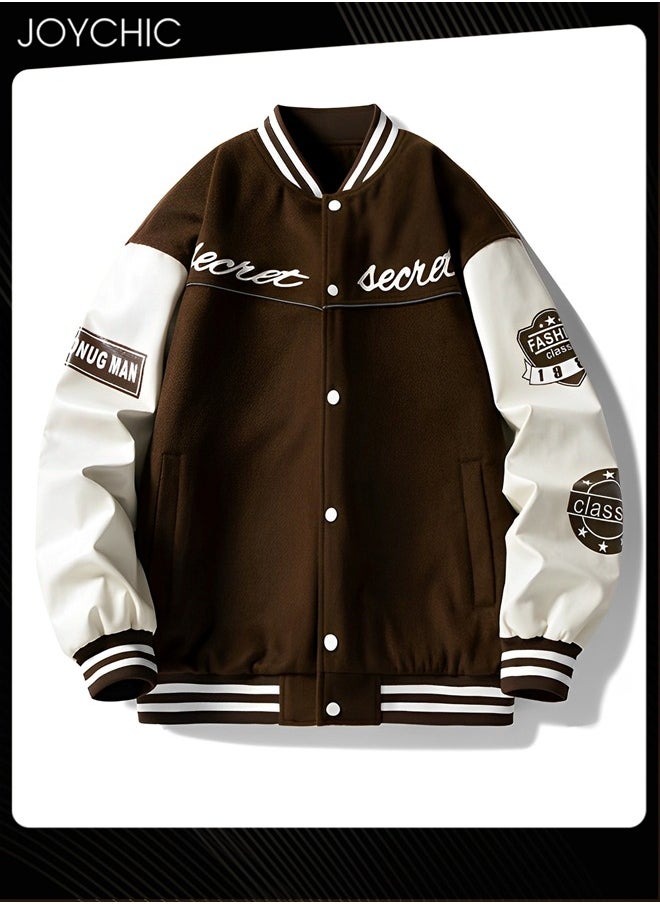 Joychic Classic Trendy Spring and Autumn Warm Cotton Coat Men Button Varsity College Baseball Jacket Casual Embroidered Streetwear Coat Coffee  - Image 3