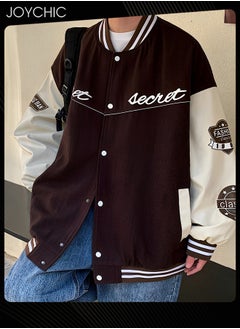 Joychic Classic Trendy Spring and Autumn Warm Cotton Coat Men Button Varsity College Baseball Jacket Casual Embroidered Streetwear Coat Coffee  - Image 1