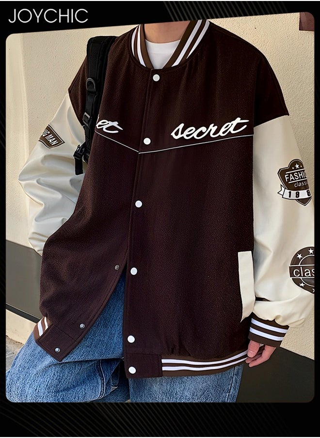 Joychic Classic Trendy Spring and Autumn Warm Cotton Coat Men Button Varsity College Baseball Jacket Casual Embroidered Streetwear Coat Coffee  - Image 1