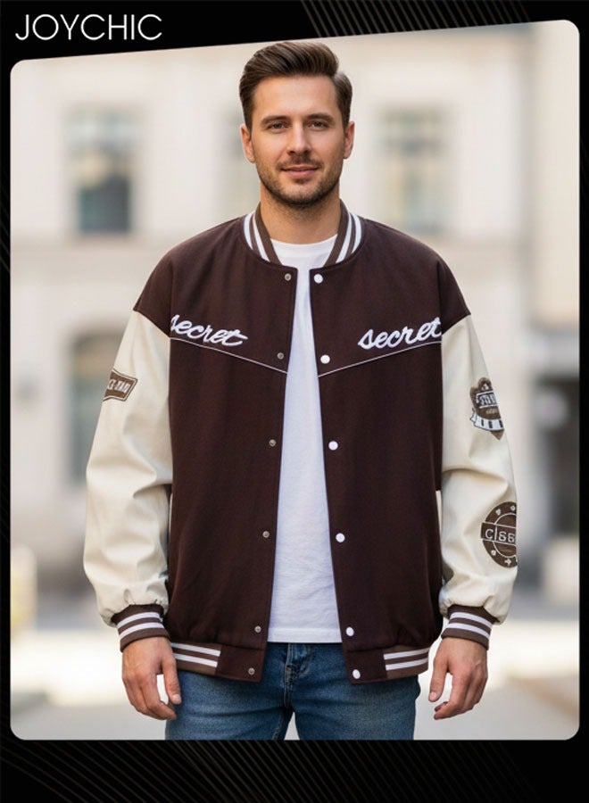 Joychic Classic Trendy Spring and Autumn Warm Cotton Coat Men Button Varsity College Baseball Jacket Casual Embroidered Streetwear Coat Coffee - Image 1