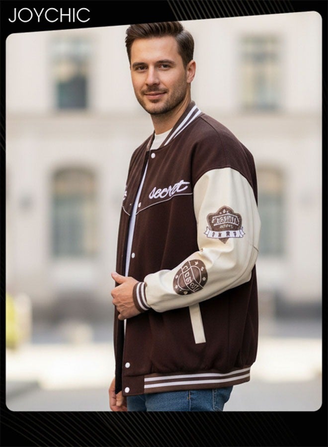 Joychic Classic Trendy Spring and Autumn Warm Cotton Coat Men Button Varsity College Baseball Jacket Casual Embroidered Streetwear Coat Coffee - Image 2