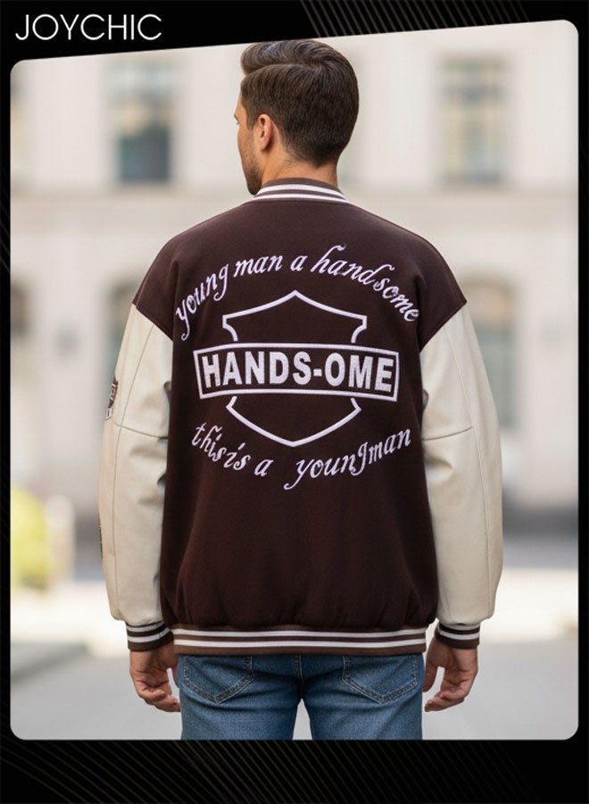 Joychic Classic Trendy Spring and Autumn Warm Cotton Coat Men Button Varsity College Baseball Jacket Casual Embroidered Streetwear Coat Coffee - Image 3