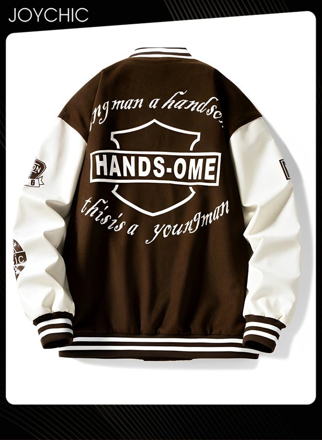 Joychic Classic Trendy Spring and Autumn Warm Cotton Coat Men Button Varsity College Baseball Jacket Casual Embroidered Streetwear Coat Coffee - Image 5