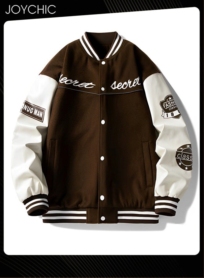 Joychic Classic Trendy Spring and Autumn Warm Cotton Coat Men Button Varsity College Baseball Jacket Casual Embroidered Streetwear Coat Coffee - Image 4