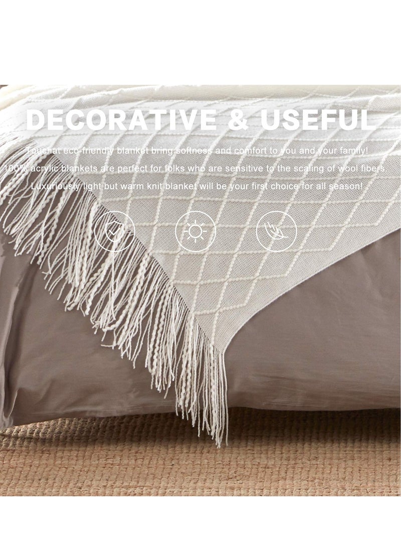 KASTWAVE - Sofa Decorative Blanket, Soft and Comfortable Knitted Blanket with Tassels for Sofa and Bed Diamond Shaped Coverlet Lightweight Decorative Bed End Blanket Nap Blanket (beige, 127x152cm) - Image 1
