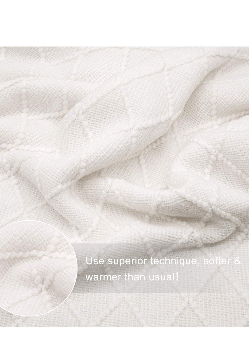 KASTWAVE - Sofa Decorative Blanket, Soft and Comfortable Knitted Blanket with Tassels for Sofa and Bed Diamond Shaped Coverlet Lightweight Decorative Bed End Blanket Nap Blanket (beige, 127x152cm) - Image 1