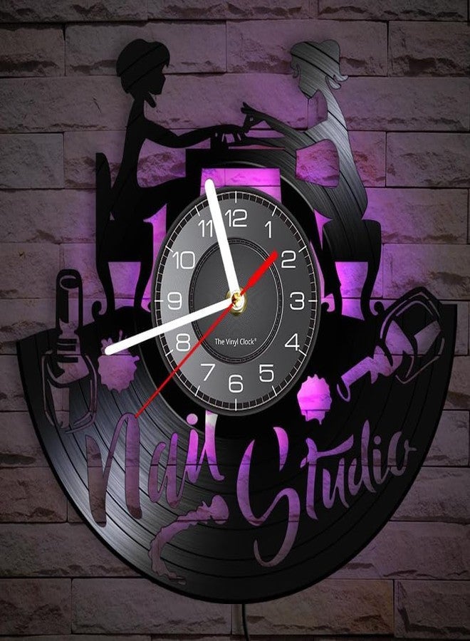 Timethink 12 Inch Nail Salon LED Vinyl Record Wall Clock with 7 Luminous Modes for Nail Studio, Nail Tech Wall Decor Vintage Silent Non Ticking Night Light Wall Clock Nail Room Decor for Home Studio - Image 2