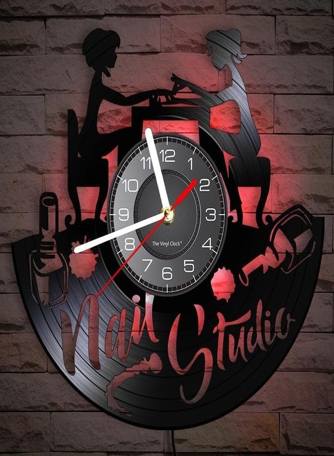 Timethink 12 Inch Nail Salon LED Vinyl Record Wall Clock with 7 Luminous Modes for Nail Studio, Nail Tech Wall Decor Vintage Silent Non Ticking Night Light Wall Clock Nail Room Decor for Home Studio - Image 3